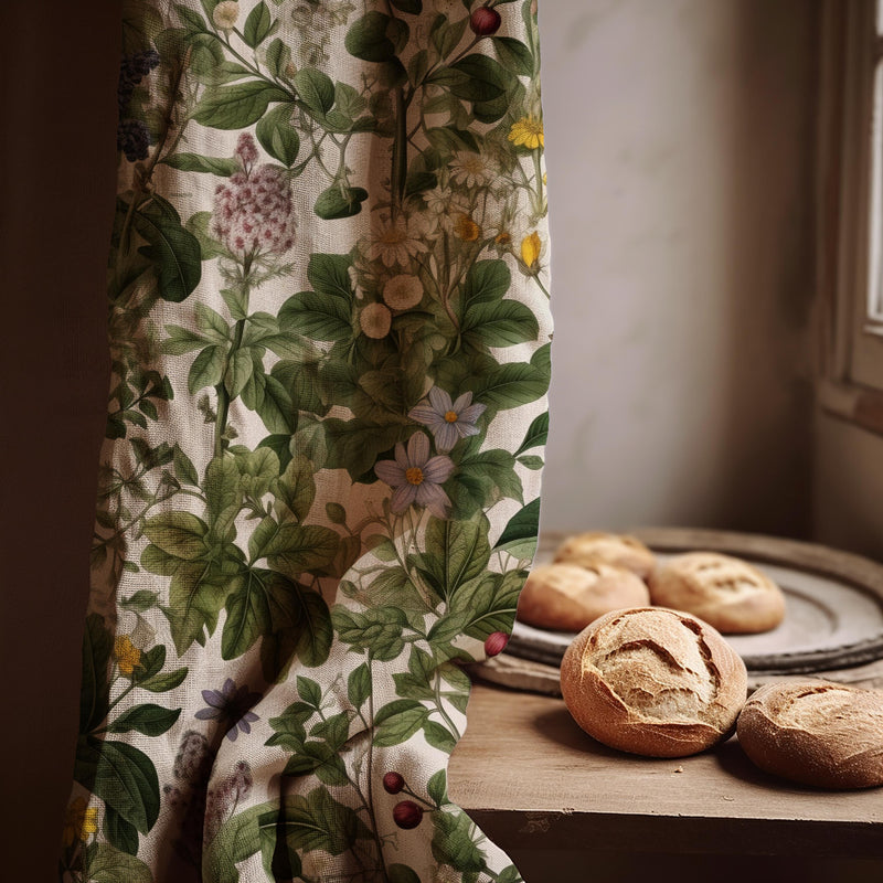 Wild Garden Linen Curtain Panel, Dark Green Botanical Boho Drape, Berry Wildflower Print