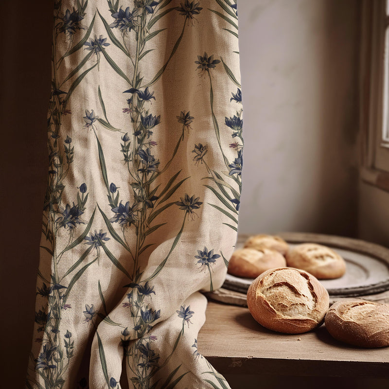 Lavender Botanical Linen Curtain Panel, Navy Blue Wildflower Boho Drape, Stem Floral Print
