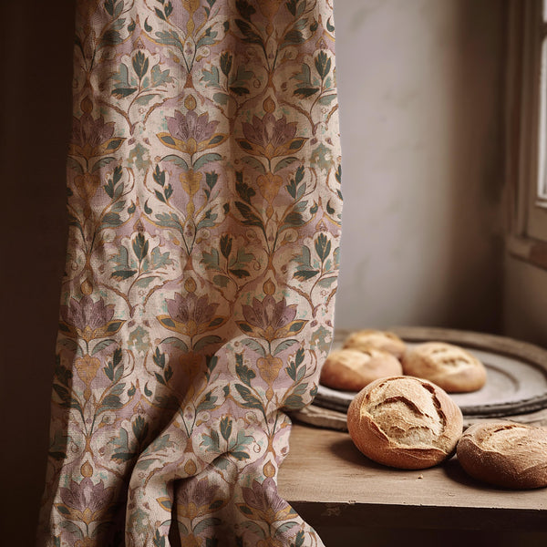 Vintage Damask Linen Curtain Panel, Muted Floral Boho Drape, Faded Tapestry Tulip Print