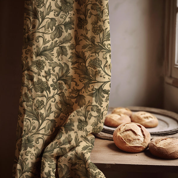 Toile Floral Linen Curtain Panel, Cream Olive Boho Drape, Engraving Botanical Vine Print
