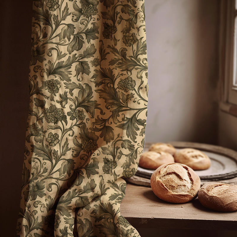 Toile Floral Linen Curtain Panel, Cream Olive Boho Drape, Engraving Botanical Vine Print