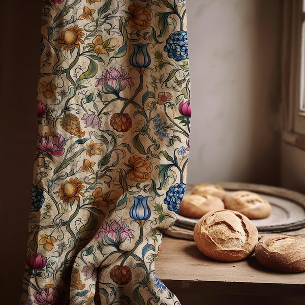 William Morris Linen Curtain Panel, Colorful Tulip Vine Boho Drape, Folk Floral Garden Print