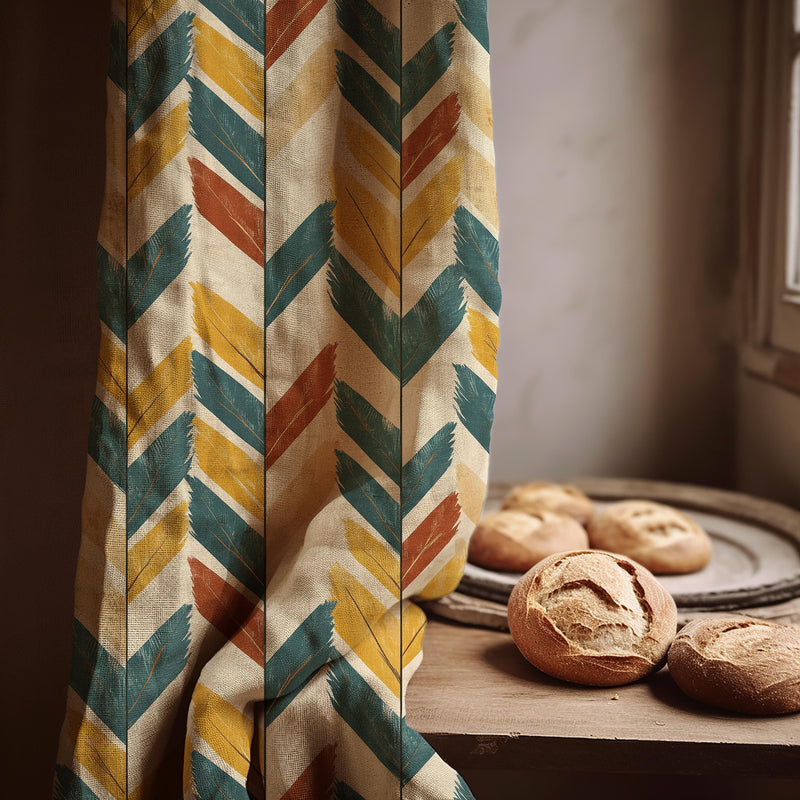 Feather Chevron Linen Curtain Panel, Teal Mustard Boho Drape, Tribal Arrow Print
