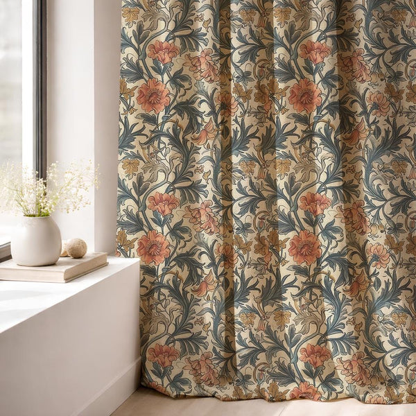 William Morris Floral Linen Curtain Panel, Terracotta Teal Boho Drape, Acanthus Vine Print