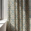 Art Deco Tulip Linen Curtain Panel, Duck Egg Blue Boho Drape, Geometric Leaf Print - Image 3