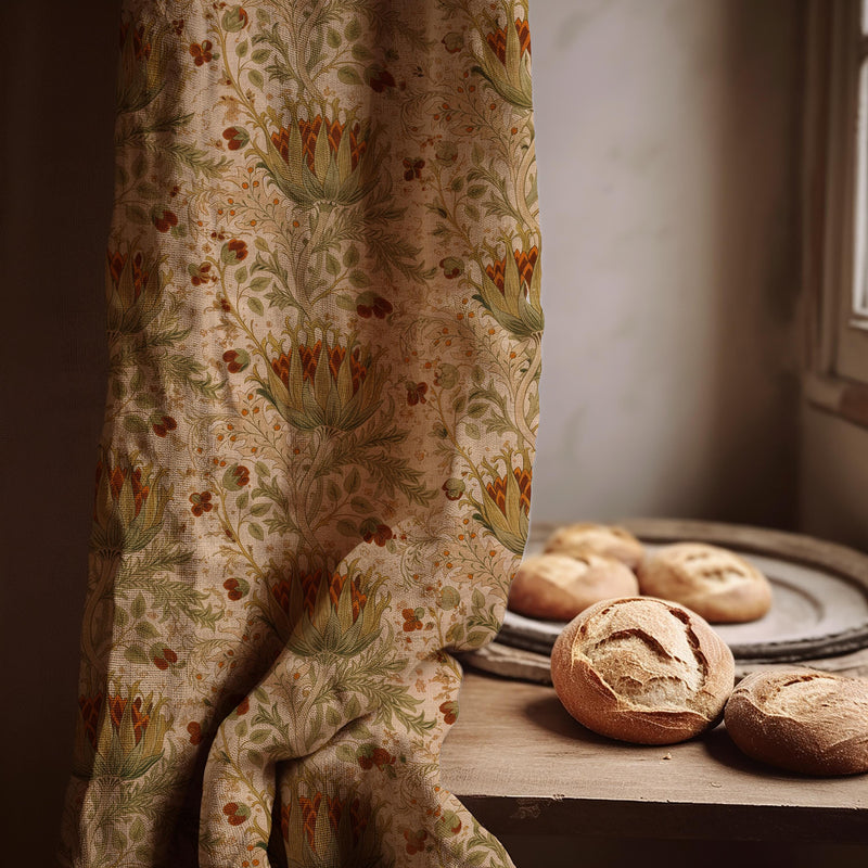 William Morris Artichoke Linen Curtain Panel, Earthy Green Boho Drape, Folk Floral Vine Print