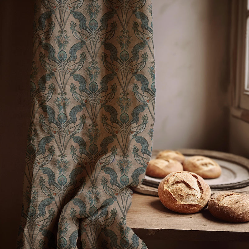 Art Nouveau Peacock Linen Curtain Panel, Teal Beige Boho Drape, Ornate Bird Damask Print