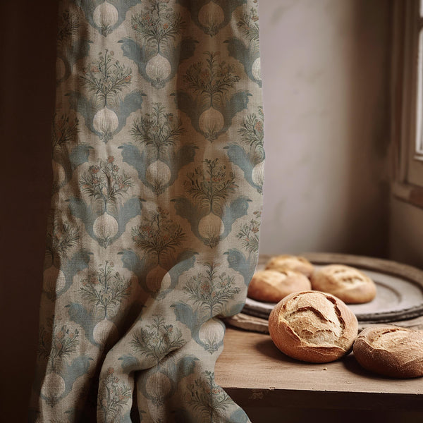 Botanical Bulb Linen Curtain Panel, Dusty Blue Boho Drape, Herb Garden Medallion Print