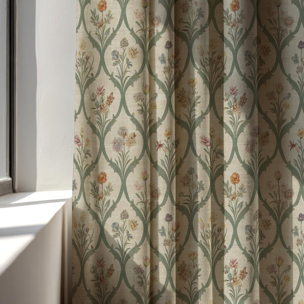 Trellis Floral Linen Curtain Panel, Sage Green Boho Drape, Garden Bouquet Ogee Print