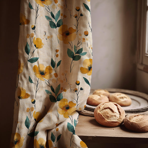 Poppy Floral Linen Curtain Panel, Mustard Yellow Boho Drape, Watercolor Garden Print