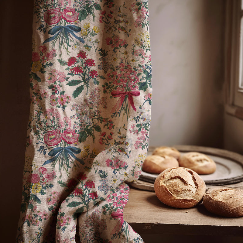 Bouquet Ribbon Linen Curtain Panel, Pink Floral Boho Drape, Garden Posy Botanical Print