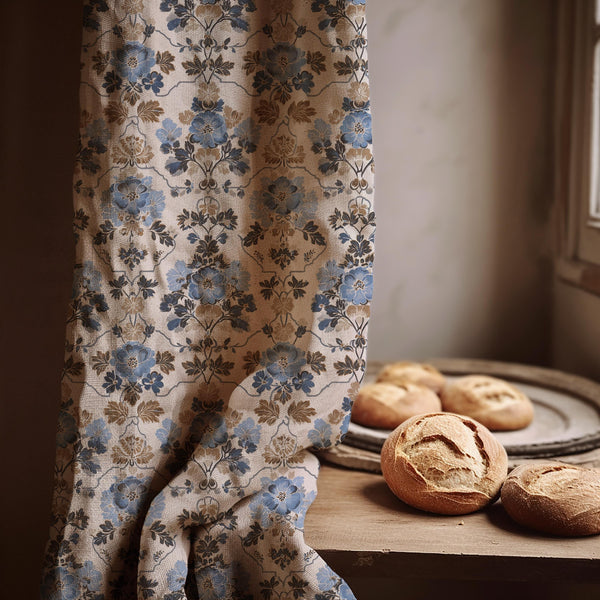 Vintage Floral Linen Curtain Panel, Dusty Blue Gold Boho Drape, Antique Medallion Print