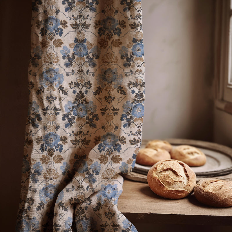 Vintage Floral Linen Curtain Panel, Dusty Blue Gold Boho Drape, Antique Medallion Print