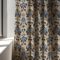 Vintage Floral Linen Curtain Panel, Dusty Blue Gold Boho Drape, Antique Medallion Print - Image 3