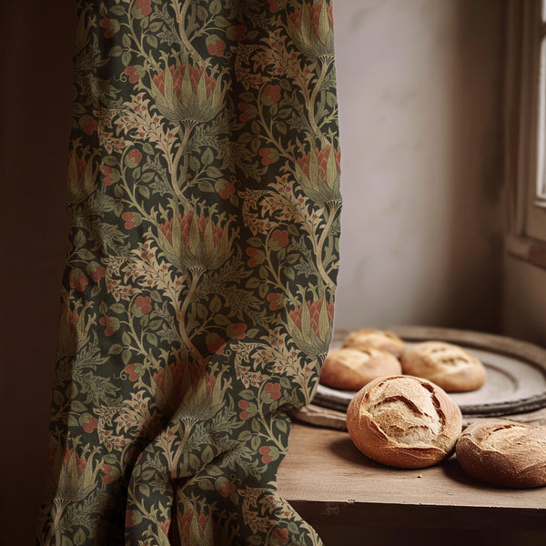 William Morris Artichoke Linen Curtain Panel, Dark Boho Drape, Folk Floral Berry Print