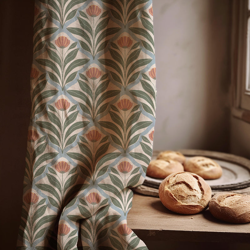 Art Nouveau Tulip Linen Curtain Panel, Sage Green Boho Drape, Geometric Floral Stem Print