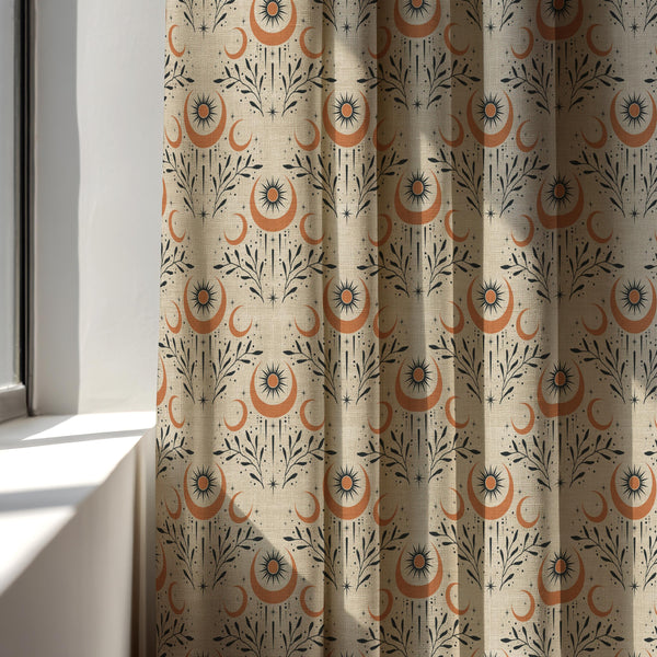 Celestial Moon Sun Linen Curtain Panel, Terracotta Boho Drape, Mystic Star Crescent Print