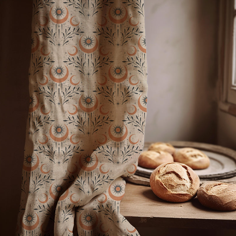 Celestial Moon Sun Linen Curtain Panel, Terracotta Boho Drape, Mystic Star Crescent Print