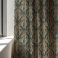 Art Nouveau Peacock Linen Curtain Panel, Teal Beige Boho Drape, Ornate Bird Damask Print - Image 2