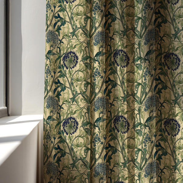 William Morris Allium Linen Curtain Panel, Navy Green Botanical Boho Drape, Folk Vine Print