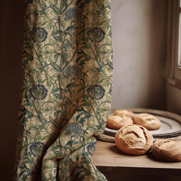 William Morris Allium Linen Curtain Panel, Navy Green Botanical Boho Drape, Folk Vine Print
