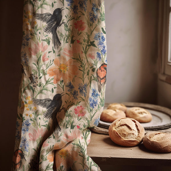 Blackbird Wildflower Linen Curtain Panel, Colorful Boho Drape, Garden Bird Floral Print