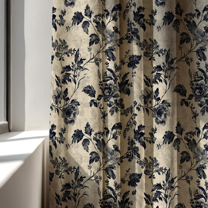 Toile Floral Linen Curtain Panel, Black Beige Boho Drape, Vintage Rose Vine Print