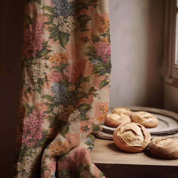 Hydrangea Gingham Linen Curtain Panel, Terracotta Boho Drape, Vintage Garden Floral Check Print