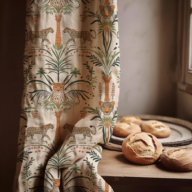 Leopard Jungle Linen Curtain Panel, Earthy Boho Drape, Safari Palm Tree Animal Print