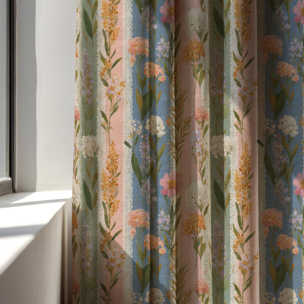 Floral Stripe Linen Curtain Panel, Dusty Blue Pink Boho Drape, Garden Botanical Stem Print
