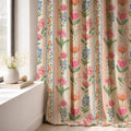 Watercolor Floral Linen Curtain Panel, Pink Boho Drape, Hand Painted Garden Stripe Print - Image 4