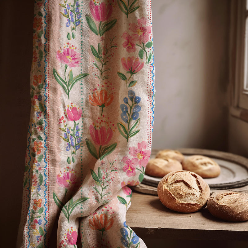 Watercolor Floral Linen Curtain Panel, Pink Boho Drape, Hand Painted Garden Stripe Print