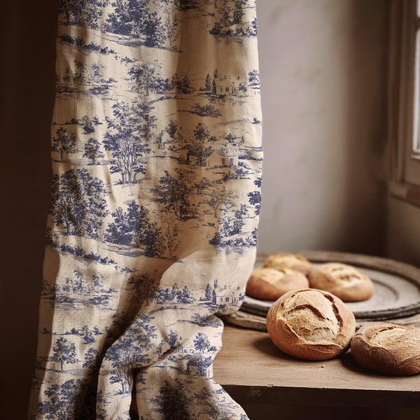 Toile de Jouy Linen Curtain Panel, Navy Blue Countryside Boho Drape, French Scenic Print