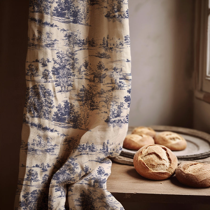 Toile de Jouy Linen Curtain Panel, Navy Blue Countryside Boho Drape, French Scenic Print