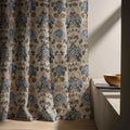 Vintage Floral Linen Curtain Panel, Dusty Blue Gold Boho Drape, Antique Medallion Print - Image 6