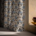 Vintage Floral Linen Curtain Panel, Dusty Blue Gold Boho Drape, Antique Medallion Print - Image 5