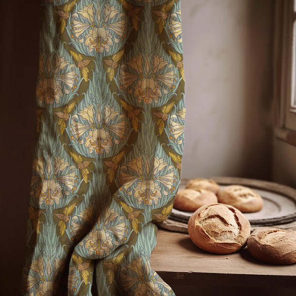 Art Nouveau Floral Linen Curtain: Green Gold Botanical Panel Farmhouse Boho Drapes
