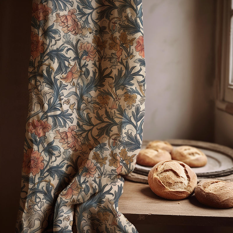 Vintage Floral Linen Curtain: Beige Blue Botanical Panel Farmhouse Boho Drapes