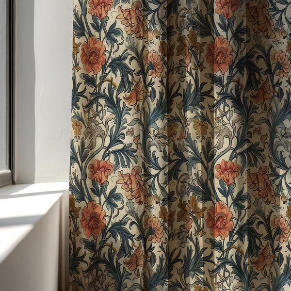 Vintage Floral Linen Curtain: Beige Blue Botanical Panel Farmhouse Boho Drapes