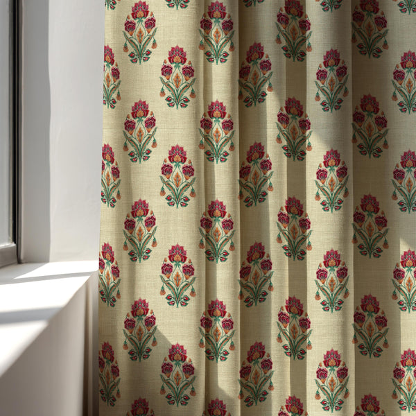 Jaipur Floral Linen Curtain Panel, Ivory Red Boho Drape, Mughal Carnation Repeat Print