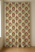 Jaipur Floral Linen Curtain Panel, Ivory Red Boho Drape, Mughal Carnation Repeat Print - Image 6