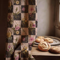 Botanical Checker Linen Curtain Panel, Pink Yellow Boho Drape, Wildflower Checkered Print - Image 1