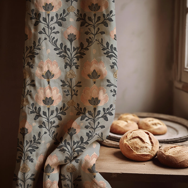 Art Nouveau Linen Curtain Panel: Vintage Floral Botanical Drapes in Soft Sage and Blush