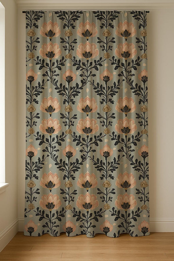 Art Nouveau Linen Curtain Panel: Vintage Floral Botanical Drapes in Soft Sage and Blush