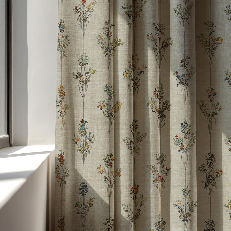 Wildflower Stem Linen Curtain Panel, Natural Beige Boho Drape, Delicate Botanical Sprig Print