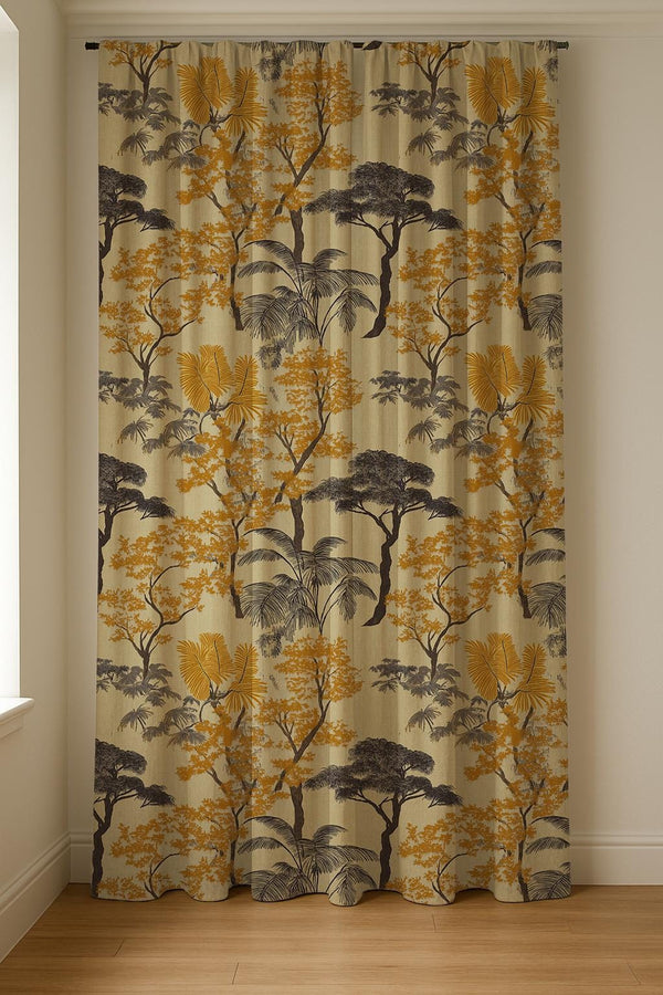 Vintage Landscape Linen Curtain Panel: Nature Tree Toile Drapes in Warm Neutral Tones