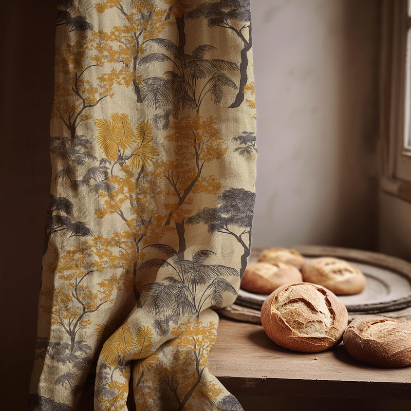 Vintage Landscape Linen Curtain Panel: Nature Tree Toile Drapes in Warm Neutral Tones