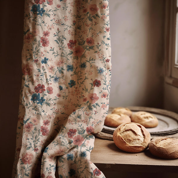 Vintage Floral Linen Curtain Panel: Delicate Wildflower Drapes in Soft Cottagecore Style