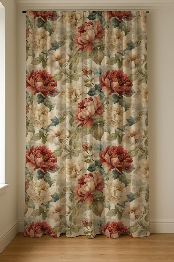 Vintage Peony Linen Curtain Panel: Romantic Floral Drapes in Soft Cottagecore Style