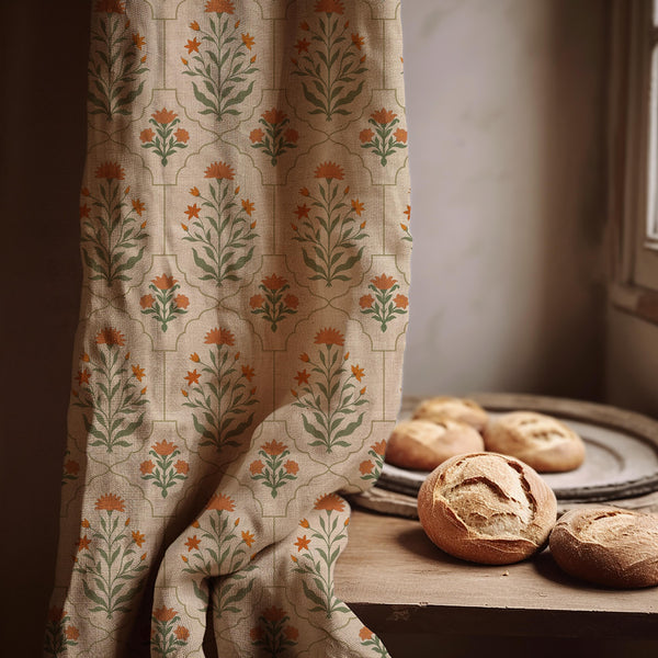 Mughal Arch Floral Linen Curtain Panel, Terracotta Sage Boho Drape, Indian Lattice Garden Print
